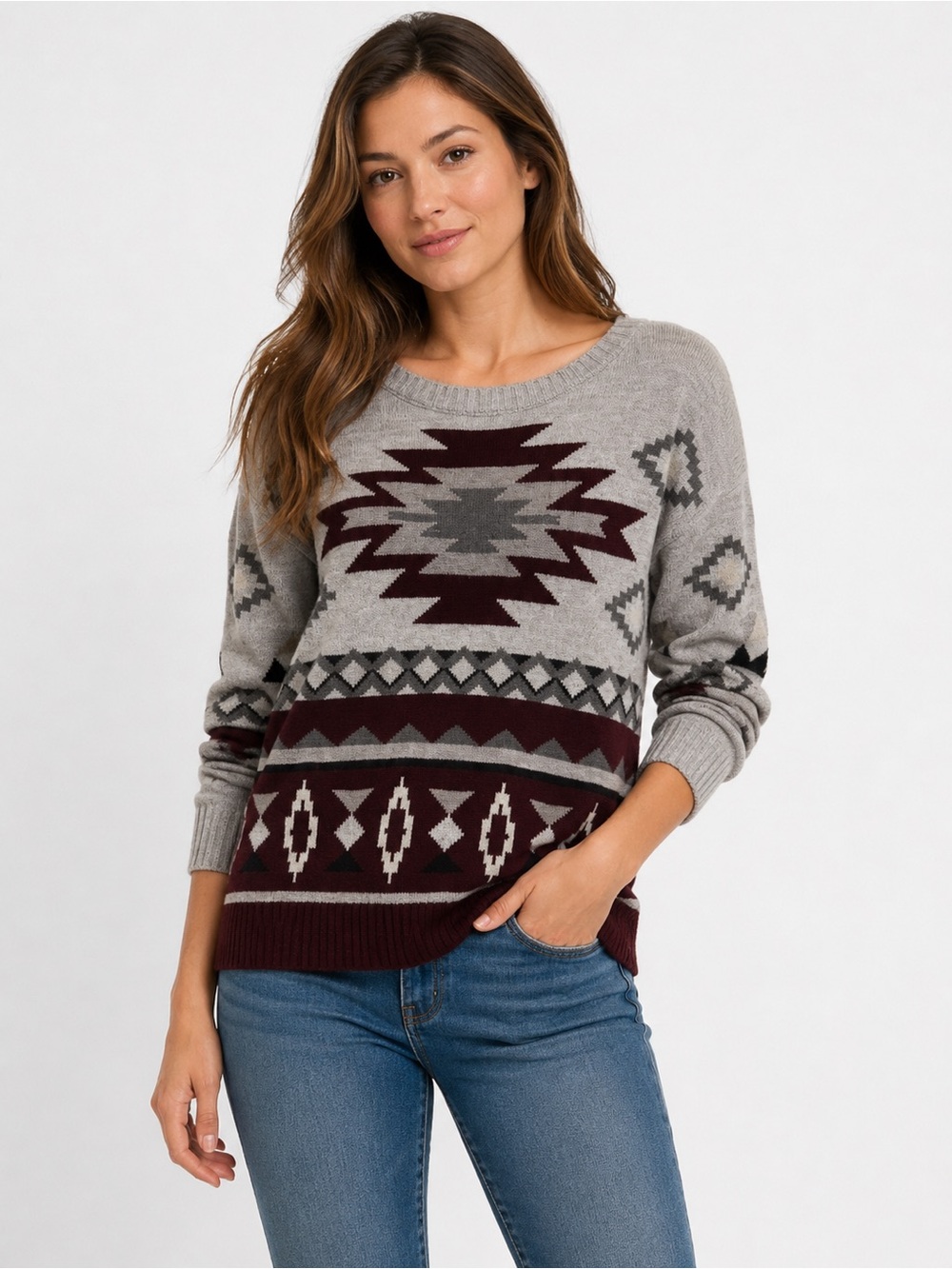 American Eagle Outfitters Prescott Sweater - Beige, Gray and Burgundy XS